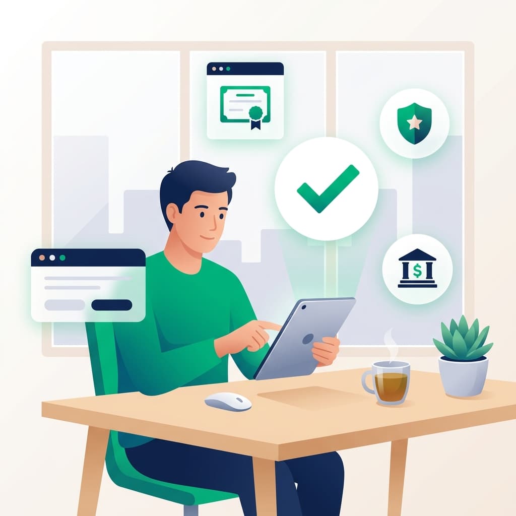Founder calmly managing company operations from a tablet